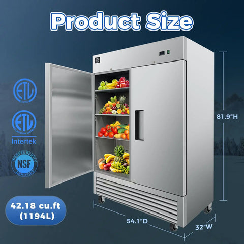 Heavy Duty Commercial Reach In Upright Refrigerator With Slick Stainless Finish Boasting A Massive Forty Three Cubic Foot Layout showcasing colorful fruits inside.