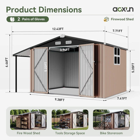 8x12 Ft Outdoor Metal Shed Built Tough For Everyday Yard Gear With Open Firewood Bay And Lockable Doors, product dimensions