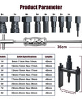 12 Piece Motorcycle Blind Inner Bearing Puller Kit with Slide Hammer and Collets 8mm to 25mm shown with tool sizes chart