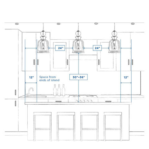 Kitchen layout with pendant lights and measurements; showcases spacing for cabinets, island, and ceiling height.
