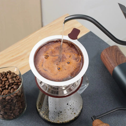 Pouring hot water in Stainless Steel Pour Over Cone Filter With Removable Stand Honeycombed Mesh For Reusable Paperless Brewing