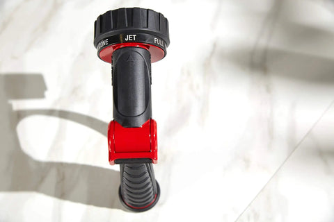 Top view of black and red 7 Pattern Watering Nozzle With Thumb Control For Backyard Bosses From Rainlike Shower To Powerful Jet