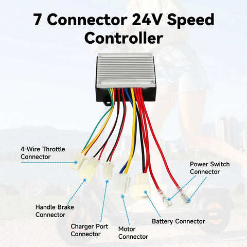 24V Electric Scooter Controller Kit Replacement For Razor MX350 MX400 E200 E300 E300S Pocket Mod With On Off Switch And Charger Port showing connectors.