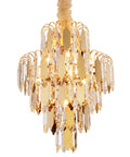 Lit Gold Finish Modern Crystal Chandelier, 5-Tier 7-Light Round Pendant, 15.7 Inch Diameter, showcasing hanging crystals
