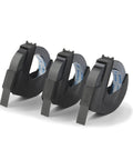 Heavy Duty Self Adhesive Embossing Labels White On Black Tape With 3D Raised Lettering stick tight to clean surfaces in three roll packs.