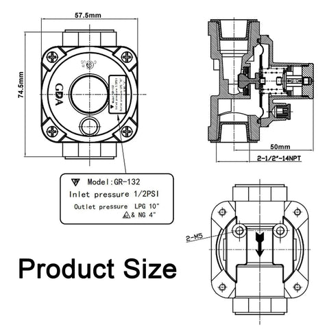 Technical drawing of NG LPG convertible gas regulator showing dimensions and specifications.