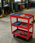 Three Tier Metal Rolling Tool Cart Heavy Duty Utility Cart With Easy Roll Wheels And Handy Handle, red steel cart in garage with tools