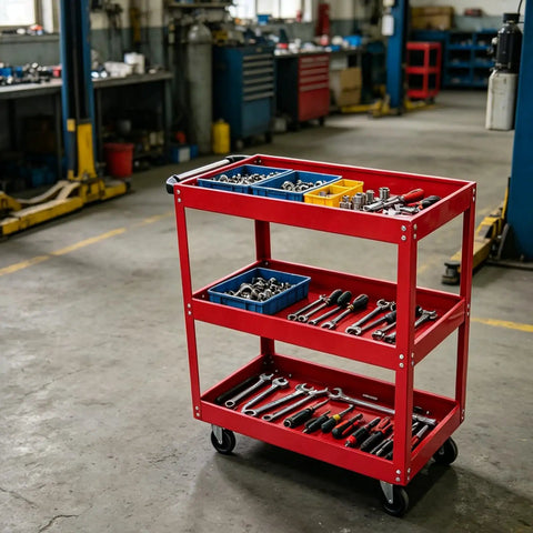 Three Tier Metal Rolling Tool Cart Heavy Duty Utility Cart With Easy Roll Wheels And Handy Handle, red steel cart in garage with tools