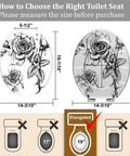 Measurements for Elongated Toilet Seat Quiet Close for Bathroom showing sizes, 19" length, with decorative rose design.