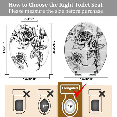 Measurements for Elongated Toilet Seat Quiet Close for Bathroom showing sizes, 19" length, with decorative rose design.