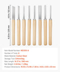 Front view of an 8-piece wood lathe turning tool set with wooden handles and carbon steel blades.