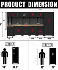 Product dimensions of Game Changing Garage Cabinet Organization 17 Piece Workshop Storage Setup Corner Unit with rolling tool drawers.