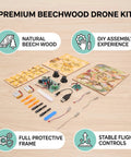 Wooden RC Drone Kit For Beginner Friendly Hobbyists, Beechwood Quadcopter With DIY parts, tools, protective frame components.