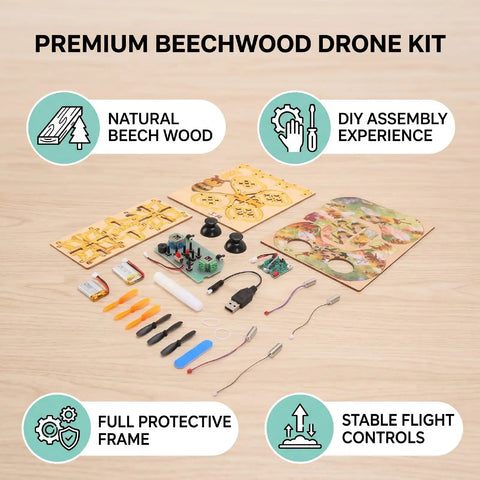 Wooden RC Drone Kit For Beginner Friendly Hobbyists, Beechwood Quadcopter With DIY parts, tools, protective frame components.