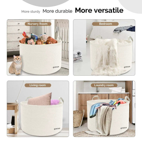 XXXL Cotton Rope Storage Basket With Handles Extra Large 22x22x14 Inches Woven Laundry Organizer For Blankets Toys Clothes Cream