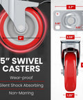 Five inch red polyurethane swivel caster wheels with integrated locking plate brake for smooth cart rolls and easy upgrades.