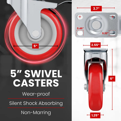 Five inch red polyurethane swivel caster wheels with integrated locking plate brake for smooth cart rolls and easy upgrades.