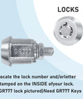 Close-up of GR777 lock cylinder showing lock number for Set Of Five Replacement Keys For Speed Queen Coin Laundry Machines GR777 GR800 GR888 GR100 GR999 For Commercial Washers And Dryers Great For Coin Operated Units And Maintenance