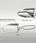 Ultra Portable Folding Shovel For Camping And Garden Tasks Mini Trowel with dimensions and stainless steel material details