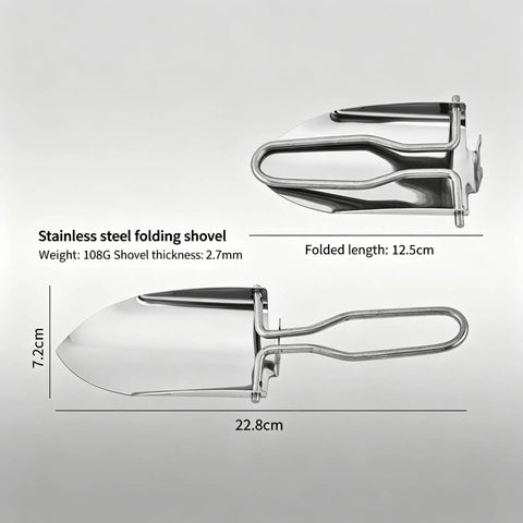 Ultra Portable Folding Shovel For Camping And Garden Tasks Mini Trowel with dimensions and stainless steel material details