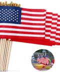 12 Pack 8x12 Inch American Flags On Sticks With Wooden Poles And Golden Spear Tops For Outdoor Use Memorial Day Fourth Of July Decor