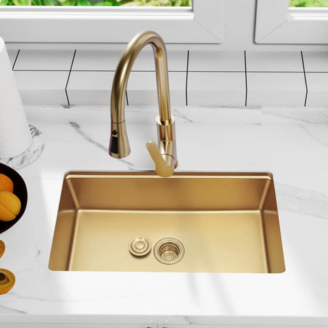 Golden 3-1/2 Inch Stainless Steel Kitchen Sink Drain Strainer With Removable Deep Basket And Sealing Lid installed in sink