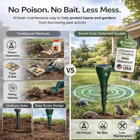 Comparison of traditional methods and Solar Powered Mole Repellent Stakes with Ultrasonic Pulses And Ground Vibration for pest control
