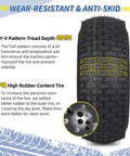Close-up of the 16x6.50-8 Tubeless Lawn Mower Tire with V Turf Pattern showing tread depth and rubber content details.