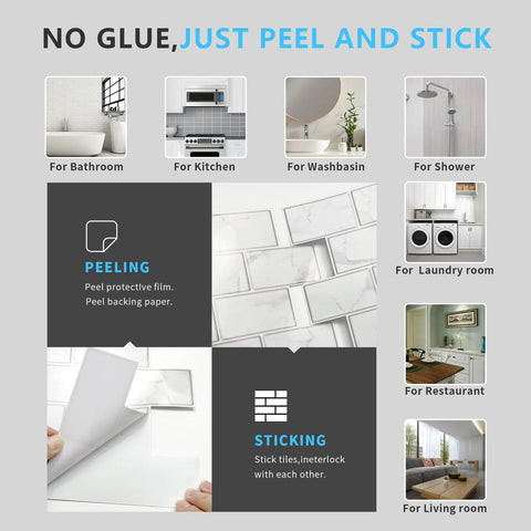 Peel And Stick Backsplash Tiles 12x12 White Marble Design For Kitchen And Bathroom 10 Sheets Self Adhesive Subway Tiles DIY Friendly Waterproof And Heat Resistant Easy To Clean displayed for multiple uses in home and commercial settings, with a focus on peeling and sticking application.