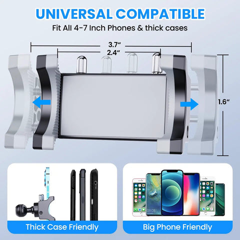 Rugged Aluminum Phone Mount For Jeep Wrangler JL JLU 2018 Through 2023 And Gladiator JT 2020 Through 2023, dimensions for universal compatibility.