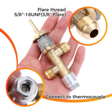 Hand holding Low Pressure LPG Propane Patio Heater Gas Control Valve Kit with 3/8 Flare Inlet and Outlet, brass and plastic assembly