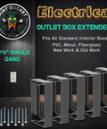 Five single gang outlet box extenders with screws, 3/4 inch, flush mount, UL listed for outlets and switches, nonflammable.