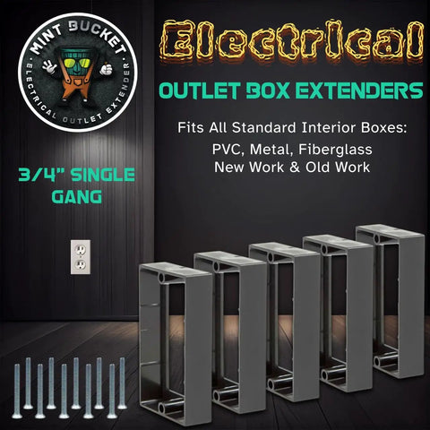 Five single gang outlet box extenders with screws, 3/4 inch, flush mount, UL listed for outlets and switches, nonflammable.