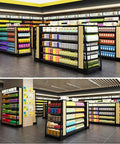 Tough As Nails Four Tier Steel Storage Rack Featuring Fully Adjustable Shelves And Max Load Capacity For Kitchen Garage Workshop Organization In Sleek Black Finish displayed in a retail setting with colorful products.