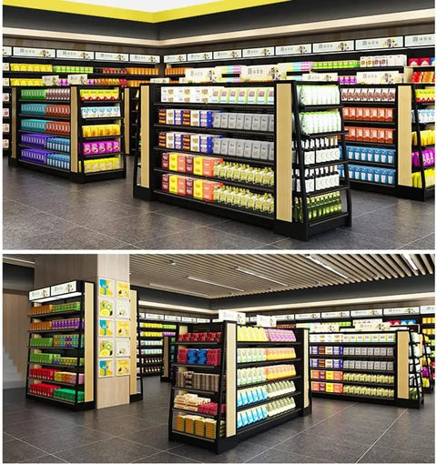 Tough As Nails Four Tier Steel Storage Rack Featuring Fully Adjustable Shelves And Max Load Capacity For Kitchen Garage Workshop Organization In Sleek Black Finish displayed in a retail setting with colorful products.