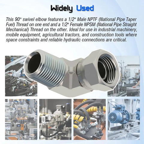 One Half Inch Male NPTF To One Half Inch Female NPSM 90 Degree Swivel Elbow Adapter For Hydraulic Lines And Fittings High Flow And Durability Heavy Duty Construction, 1/2 in carbon steel