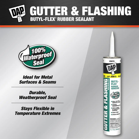 Butyl Flex Gutter And Flashing Sealant White 10.1 Oz Exterior Waterproof Sealant tube with label and benefits shown