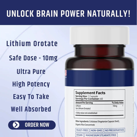 Bottle of Memory And Mood Boosting Lithium Orotate Supplement 10mg Per Capsule, 60 Vegetarian Capsules, Magnesium Stearate Free