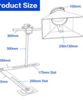 Diagram of Universal Lathe Dust Hood With Adjustable Stand showing measurements, including 230x130mm hood and 100mm spigot bracket mount.