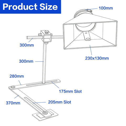 Diagram of Universal Lathe Dust Hood With Adjustable Stand showing measurements, including 230x130mm hood and 100mm spigot bracket mount.