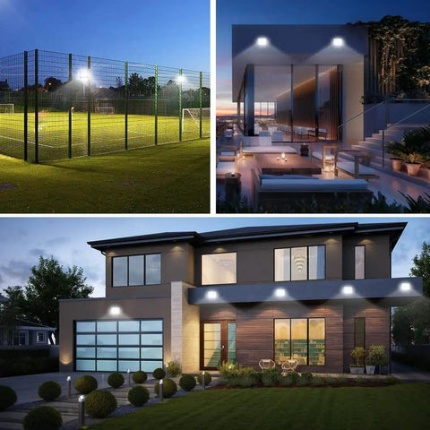 Dual Pack 100W LED Flood Lights With Plug, 12000 Lumens Bright Daylight 6000K illuminating outdoor spaces like fields and homes
