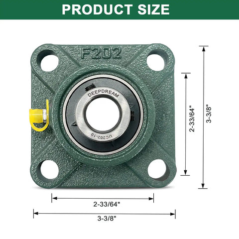 Two Pack UCF202-10 Pillow Block Bearing 5/8 Inch Bore, 4 Bolt Square Flange Mount, Self Aligning and Greasable, Cast Iron Housing, Easy Install, A Real Workhorse For Machinery And Conveyors size diagram