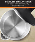 Interior view of 1.5L Cordless Electric Kettle With Cool Touch Exterior And Stainless Steel Interior Boils One Cup In 80 Seconds.