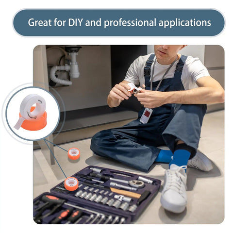 Person using PTFE Thread Seal Tape Plumbers Tape One Half Inch By 472 Inch White No-Hassle Waterproof Sealant for plumbing
