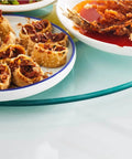 Large Round Lazy Susan Turntable With Swivel Assist System, 100 Cm Diameter Glass Serving Tray with food plates on top