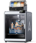 K2 Plus Combo 3D Printer With All New CFS Color System for multi-color 3D printing up to 16 colors, featuring a castle print model.