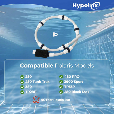 Polaris Compatible B5 Sweep Hose Replacement with Tail Scrubber shown with compatible model list on pool background.