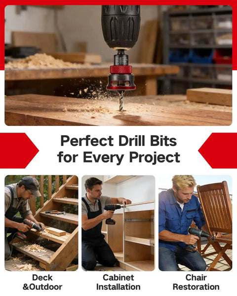 7 Piece Countersink Drill Bit Set With Four Flute HSS M2 Tapered Bits in use for woodworking and DIY projects