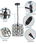 Plug In Vintage Crystal Pendant Light With Chain, Black Metal Frame, Dimmable K9 Crystal Beams, 16.4 Ft Cord, features details