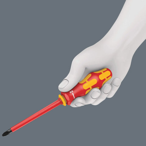 Hand holding KK VDE 60i/7 insulated interchangeable blade set with quick change Kraftform handle, Pro Grade Electrician's Tool Kit